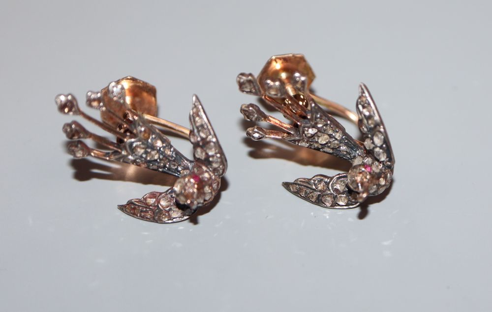 A pair of Victorian yellow metal and rose cut diamond set swallow ear clips (adapted), 19mm.